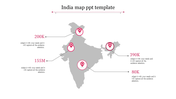 India map slide showing key locations marked with pink map pins and associated statistics across different regions.