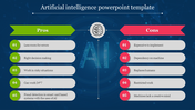 AI presentation slide with a comparison of pros in green and cons in red color with five numbered sections.