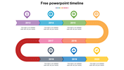 Timeline slide with colorful winding path marking years 2013 to 2020, associated milestone icons for each with text area.