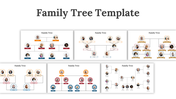 A collection of colorful family tree slides with multiple layouts, showing family member icons arranged across generations.