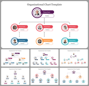 Colourful organizational chart slide deck with one leader and two levels of subordinates below, using circular frames.