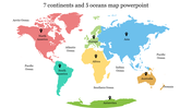 Colorful world map slide showing all seven continents and five major oceans, including the indian and pacific oceans.