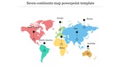 World map with seven continents in different colors, each labeled with black pin points on a white background.