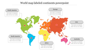 World map slide featuring six labeled continents with highlighting colors and each with text boxes.