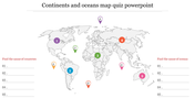 Map with colored pins labeled 1 to 5 on different continents and oceans, with answer sections on both sides.