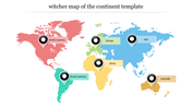 World map slide featuring different colors for each continent, with black and white markers and continent labels.