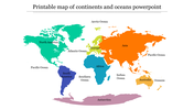 Colorful world map slide showcasing continents like Asia, Africa, and Europe, along with major oceans, in a printable format.