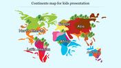 A colorful world map slide highlighting continents for kids, including labeled regions on a light blue backdrop.