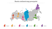 Russia map featuring six highlighted regions with colored pins in red, orange, pink, blue, green, purple.