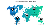 World map showing five continents in blue and green tones with black and white location markers.