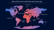 A world map highlighting the seven continents and five major oceans in a gradient color on a dark blue backdrop.