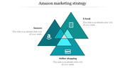 Three overlapping teal triangles with text labels represent Amazon's marketing strategy elements.