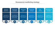 Six vertical blue gradient boxes showing ecommerce marketing steps with icons at the bottom of each box.