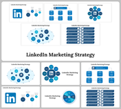 Slide deck with blue theme, featuring LinkedIn logos, flowcharts, and circular diagrams explaining marketing strategies.