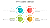 SWOT analysis slide with four colored circles in blue, green, yellow, and red, each with icons and captions.