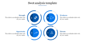 SWOT diagram with Four blue circles arranged in a square, each with corresponding icons and text.