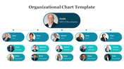 Slide deck featuring an organizational hierarchy chart, with teal and blue ovals indicating various positions with a photo.