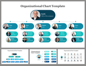 Slide deck featuring an organizational hierarchy chart, with teal and blue ovals indicating various positions with a photo.