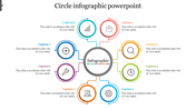 Colorful circle infographic slide featuring eight sections for captions and a central infographic element with text area.