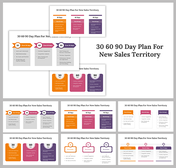 A pack of 30 60 90 day sales plan slides outlining strategies and goals for a new sales territory, divided into three phases.