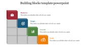 Colorful building blocks slide with stacked sections labeled business, target, growth, and profit, each represented by icons.