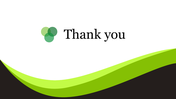 Thank you slide with stylish green and black curved design, three decorative green circles and a text area at the center.