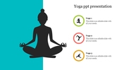 Yoga-themed slide with a central meditating figure and three yoga styles listed with colorful icons with text area.