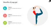 Yoga pose illustration of a woman stretching, with three colorful circular icons and text on the left.