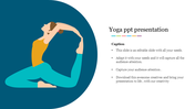 Illustration of a woman performing a yoga pose with text caption on the right on a blue and white background.