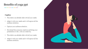 Illustration of a woman practicing yoga in a seated pose on a purple backdrop with text captions.