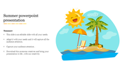 Summer themed slide featuring a bright sun, beach scene, palm trees, and a lounge chair with an umbrella and text area.