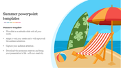 Summer-themed slide featuring a beach scene with a deck chair, umbrella, surfboard, and ball with text on a white background.