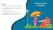 Monsoon slide with an illustration of a woman holding an umbrella in the rain on a blue backdrop, and text content.