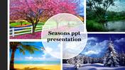 Four seasonal photos blooming trees in spring, rainy day, tropical beach, and snow-covered trees in winter with a text.