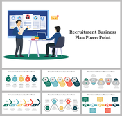 Slide pack features two people discussing profiles on a screen, with recruitment process flows in various colorful layout.