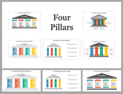 Slide pack featuring four colorful pillars representing key concepts, with each pillar labeled and supported by a base.