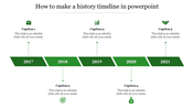 A green horizontal timeline slide showing milestones from 2017 to 2021 with icons and captions.