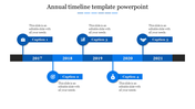 Blue themed annual timeline slide showing milestones from 2017 to 2021 with five captions for each year.