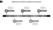 High level timeline slide showing milestones from 2017 to 2021 with grey colored icons and caption placeholders.