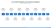 Yearly timeline template with blue boxes representing each month and space for captions.