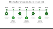 Project timeline slide from 2015 to 2021, showcasing seven milestones with icons and captions for each year.