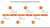 The SmartArt slide shows six sequential events from 2016 to 2021, each marked by an icon, label, and brief description.