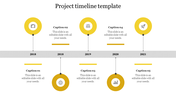 Yellow and gray project timeline from 2018 to 2021 with five milestones, each represented by a distinct circular icons.