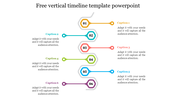 Vertical timeline template with six colorful steps with numbered icons, each containing a caption placeholder text.