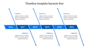 Timeline slide with six blue colored angled lines marking years 2016 to 2021, each with captions on both sides.