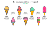 A set of ice cream icons slide including cones and popsicles, with space for captions with placeholder text.