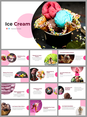 A slide deck showing a vibrant ice cream sundae with pink and blue scoops, followed by various designs in pink and white.