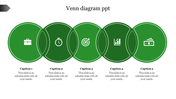 Green venn diagram PowerPoint template with five sections and icons with placeholder text.