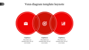 Three red circles in a Venn diagram template keynote with icons and set with three caption areas below.