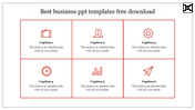 A business-themed slide with six red icons, including symbols like a briefcase and a chart, with captions under each one.